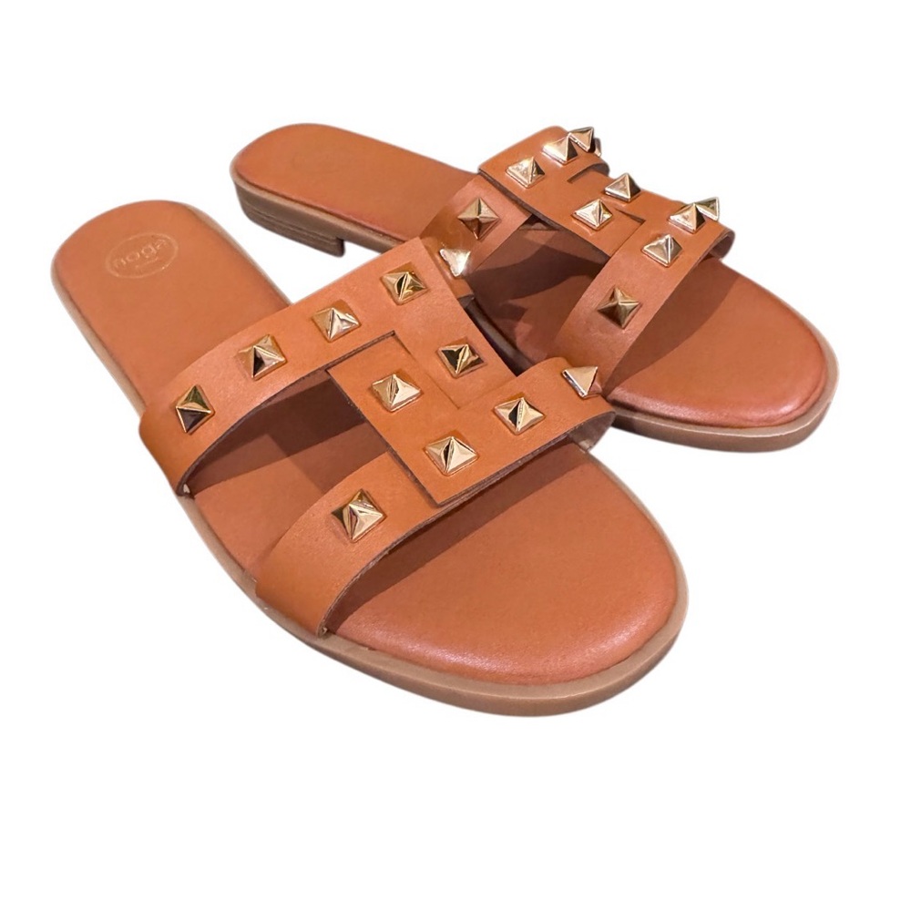 Women's Tan Studded Flat Sandals